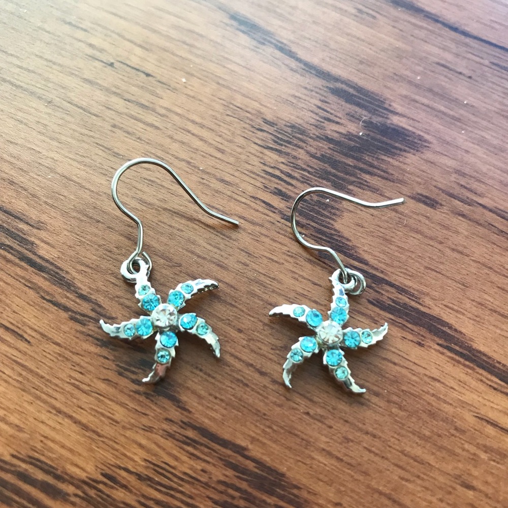 Silver blue rhinestone starfish hang earrings